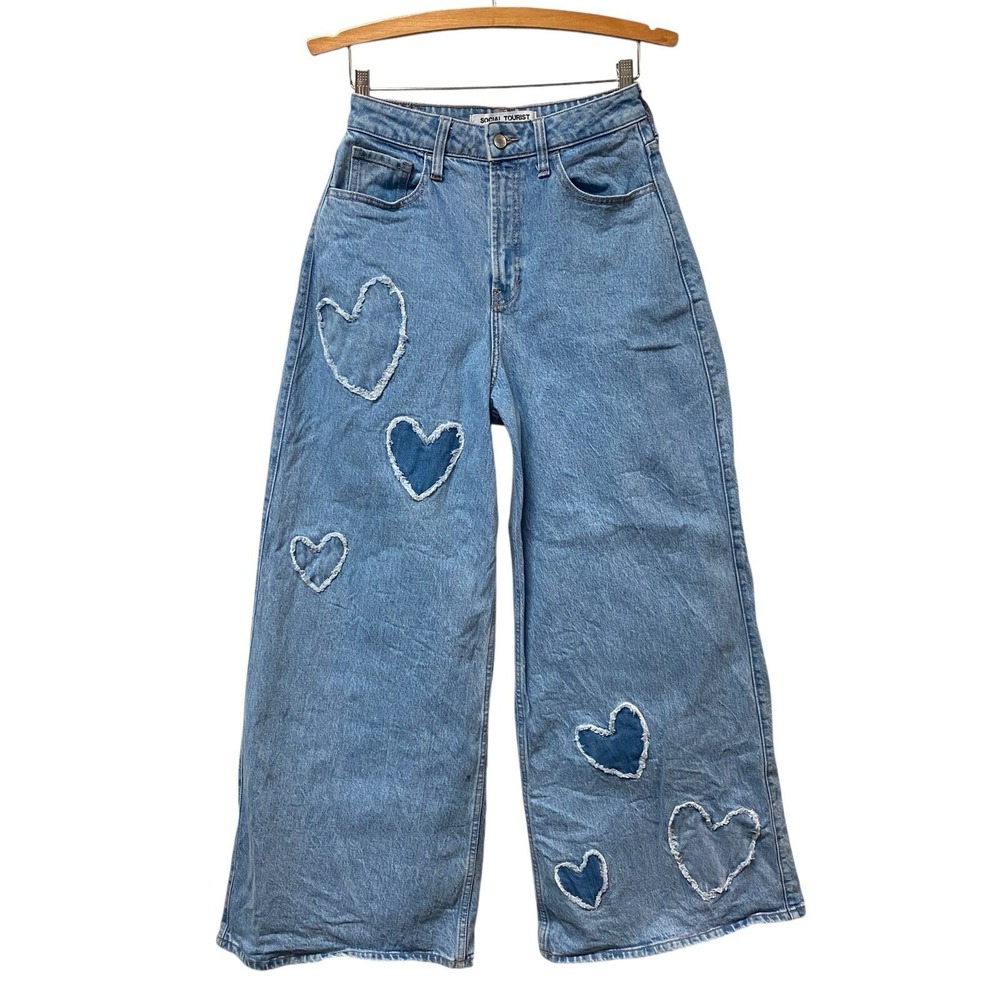 Social Tourist Ultra High Rise Baggy Jeans Hearts Women Sz 7R W 28 Wide Leg Boho